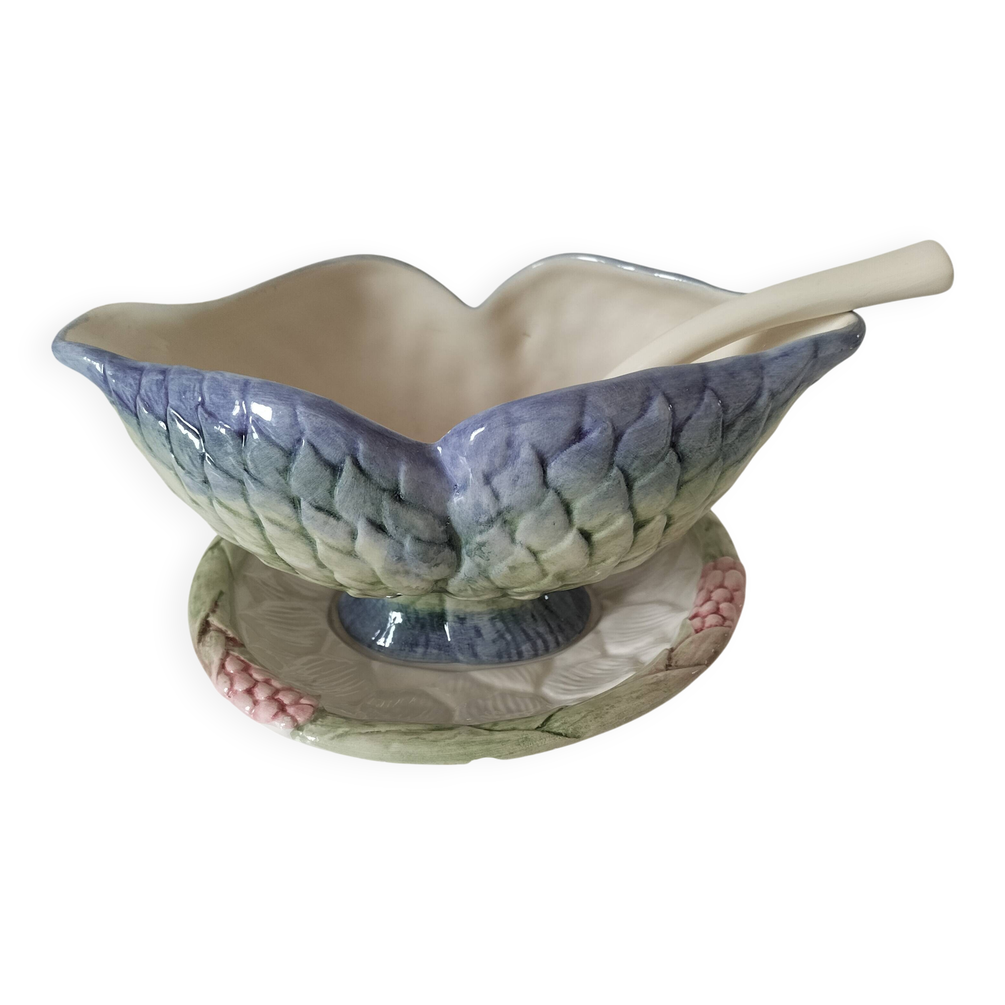 Saucière en barbotine fleurie Faianças Germano Portugal avec cuillère