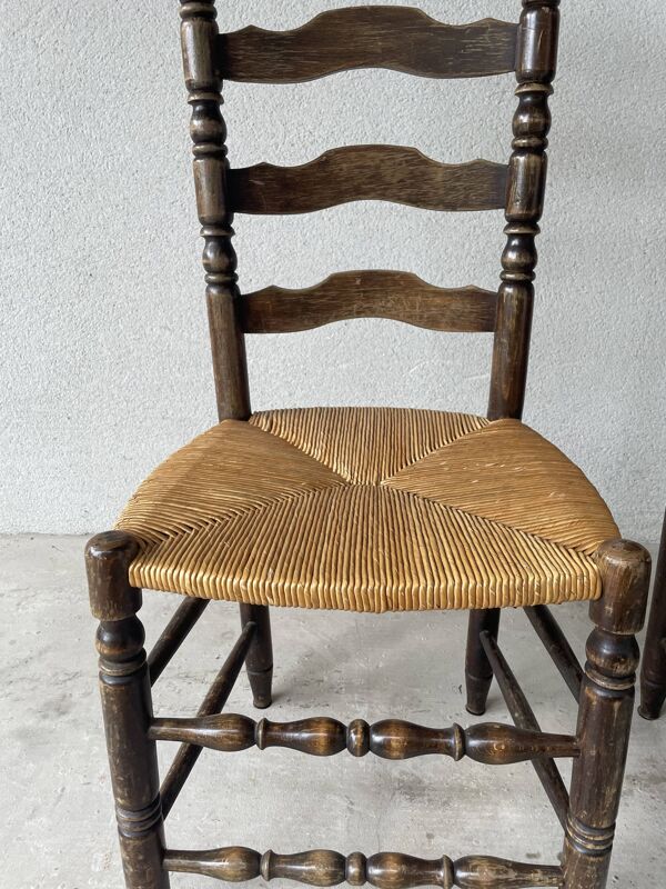 Chaise style campagnard bois massif et paille 1950