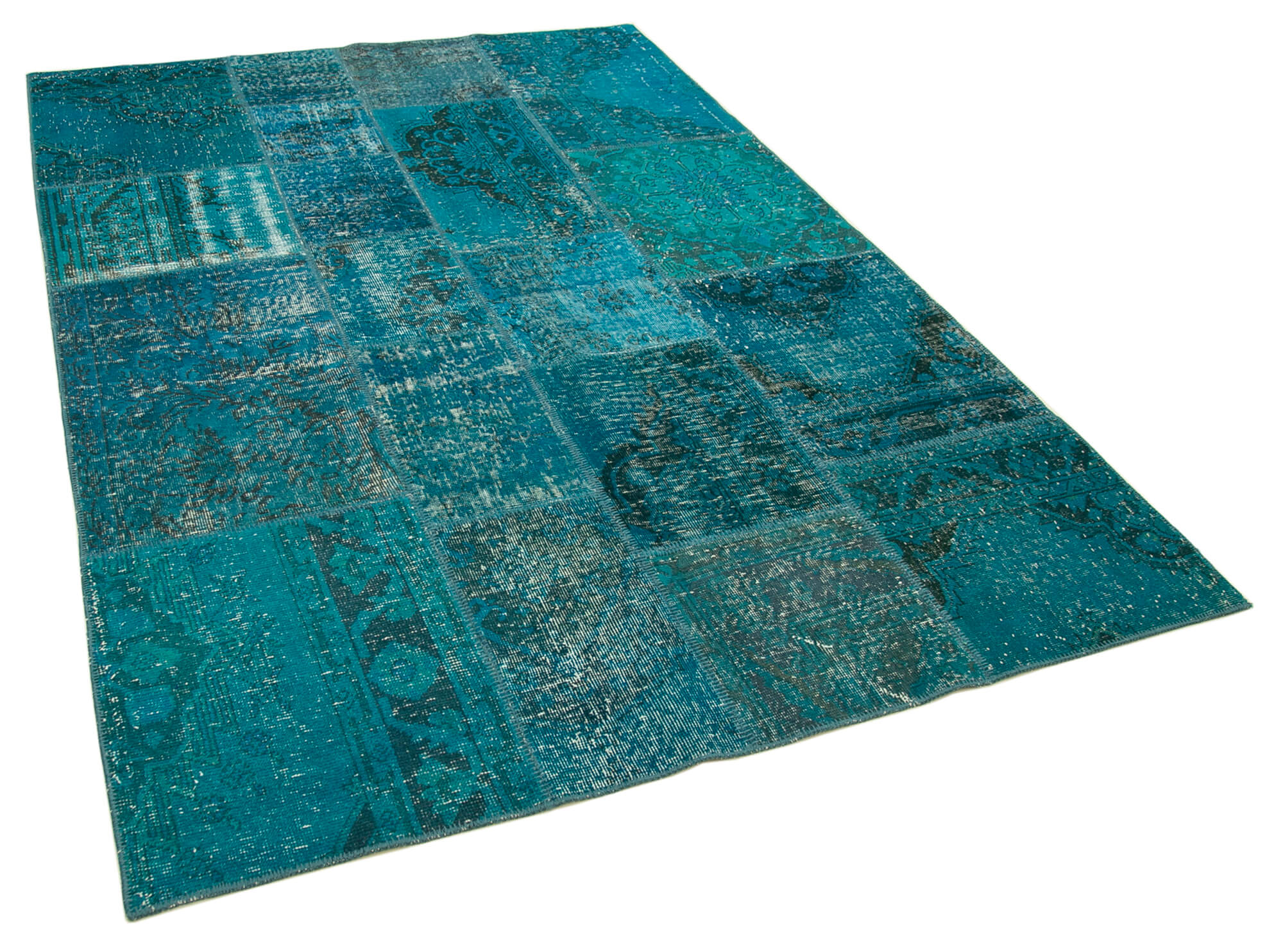 Handwoven oriental overdyed 171 cm x 244 cm turquoise patchwork rug