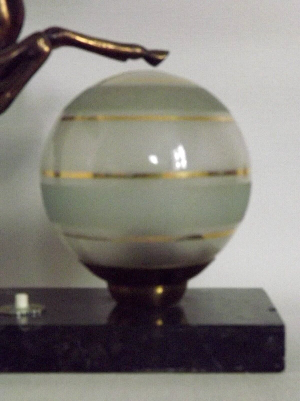 Vintage french art deco gazelle lamp black marble base round glass shade 3956