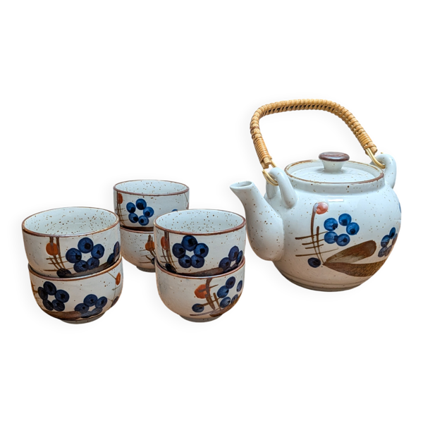 Service thé japon grès bambou Théière 6 tasses 70s Peint main myrtille