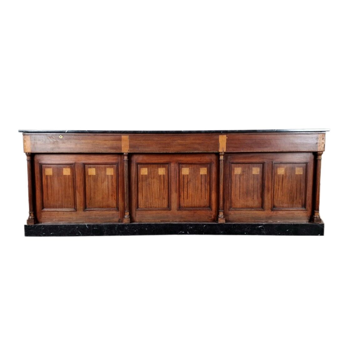 Grand comptoir de pharmacie Art Déco en acajou et marbre, 1909