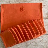 Old tablecloth & its 10 tinted and embroidered napkins "the ML mandarin" orange - cotton - 150x200
