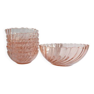 Lot de 6 coupelles et un saladier en verre arcoroc rosaline Vintage