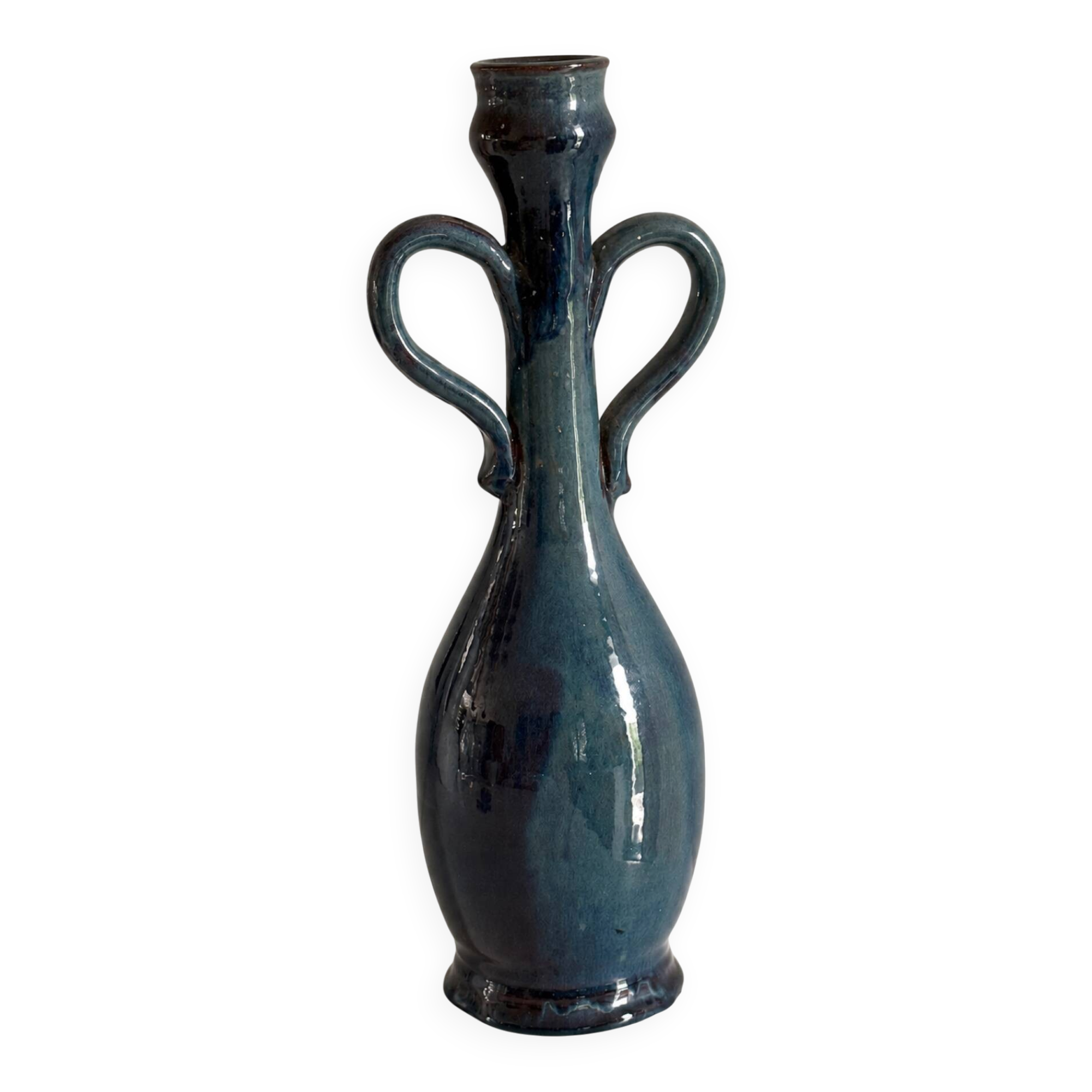 Decorative deep blue glazed ceramic vase with twin handles.