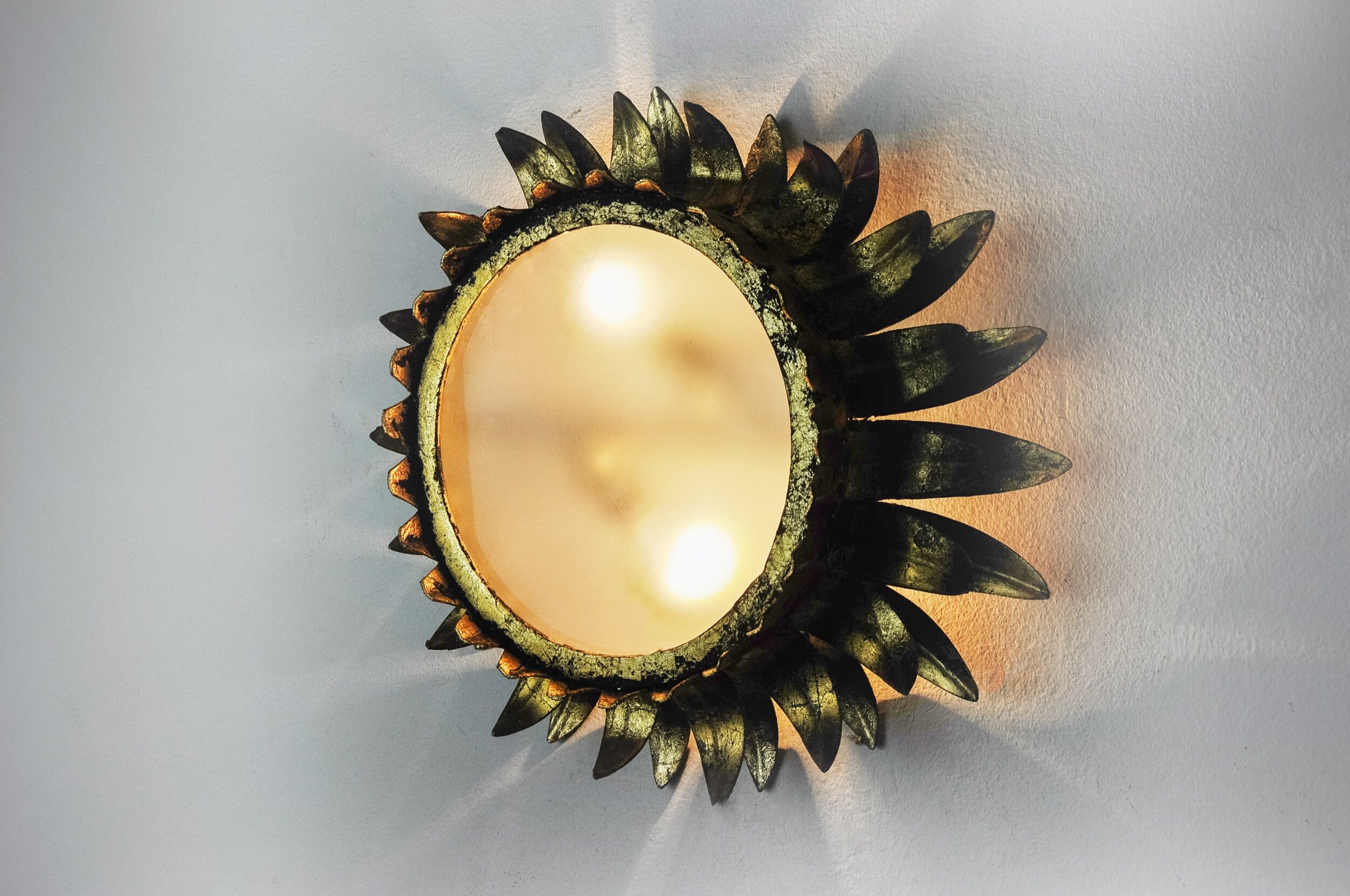 Wall lamp sun by ferro arte, metal and gold leaf, spain, 1960