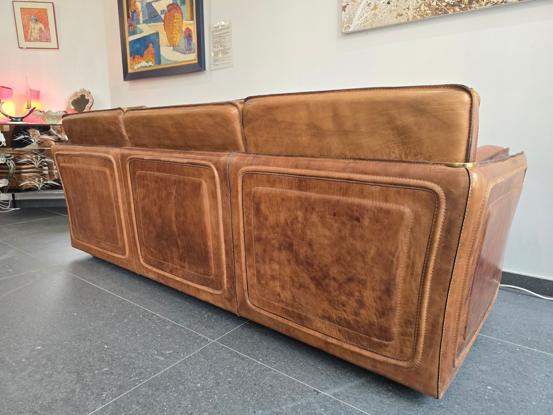 Roche Bobois vintage lounge from the 80s – cognac buffalo leather – 2 sofas + pouf
