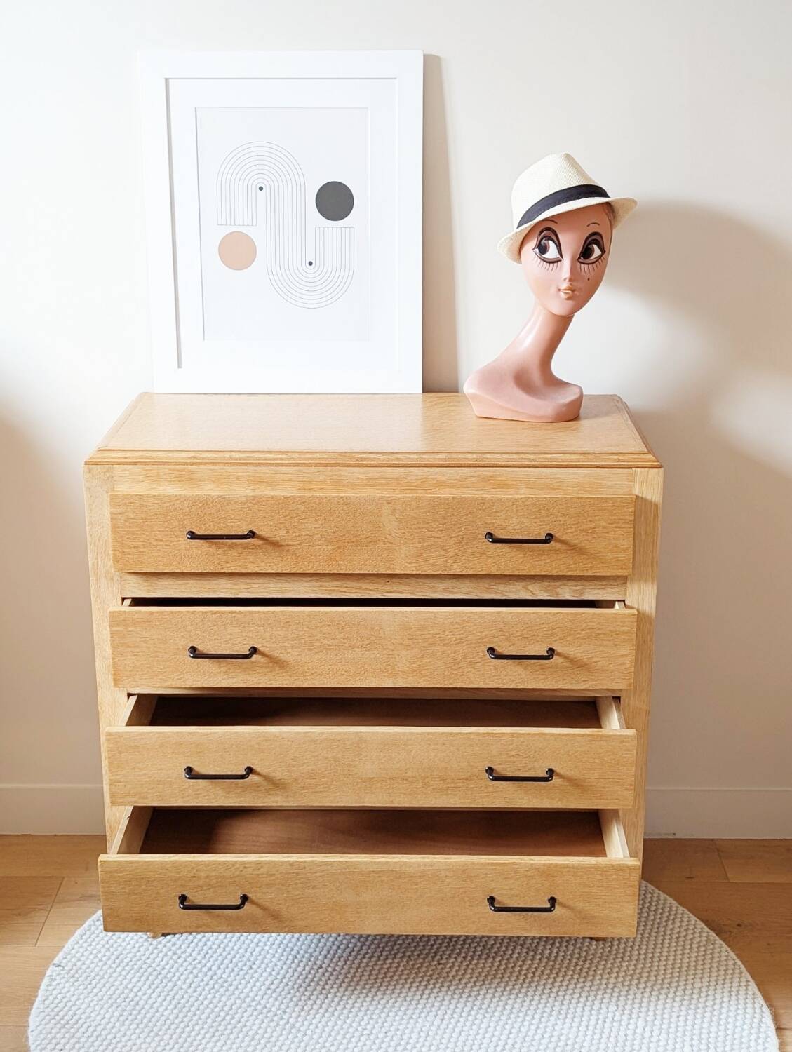 Vintage oak chest of drawers with splayed legs, restored