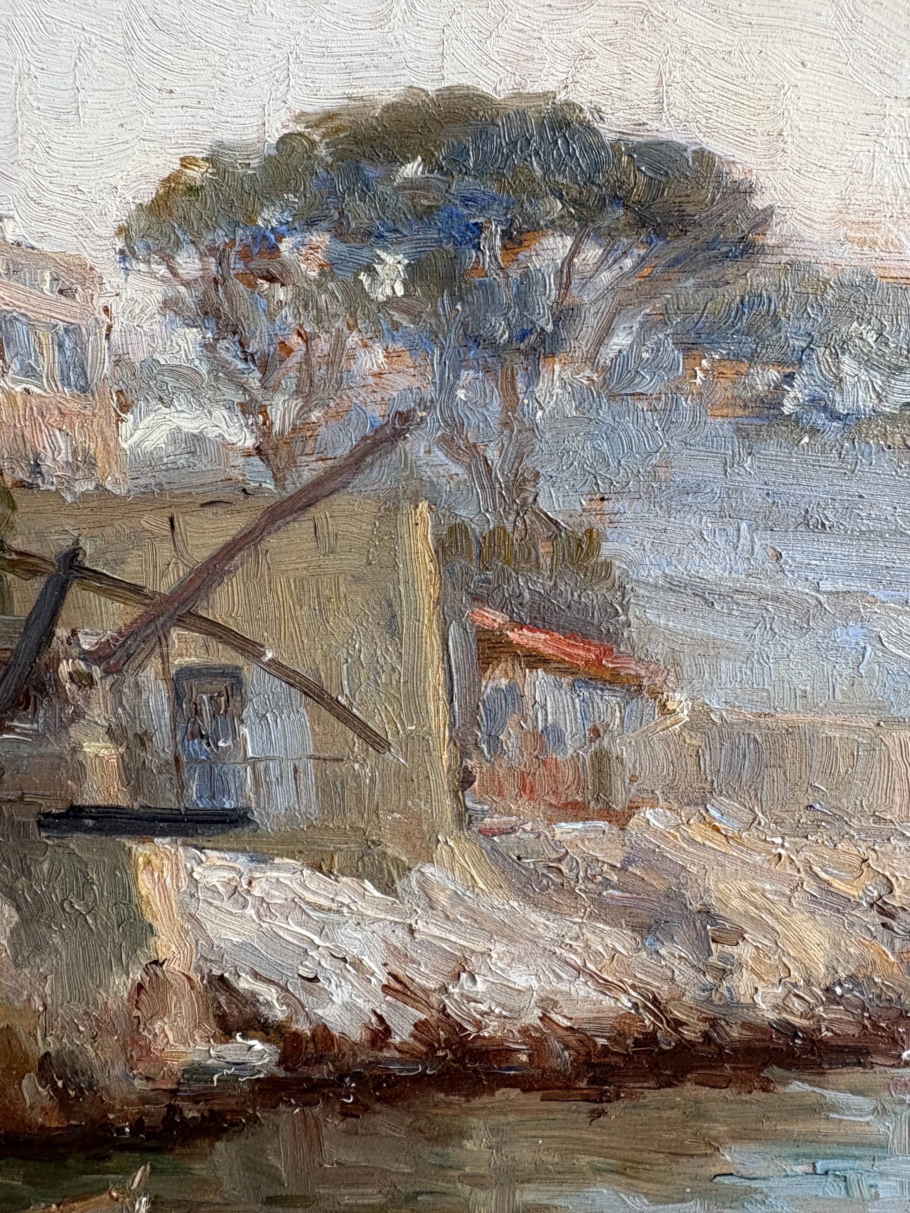 The tide gauge, oil on wood, seascape in Marseille, 20th century