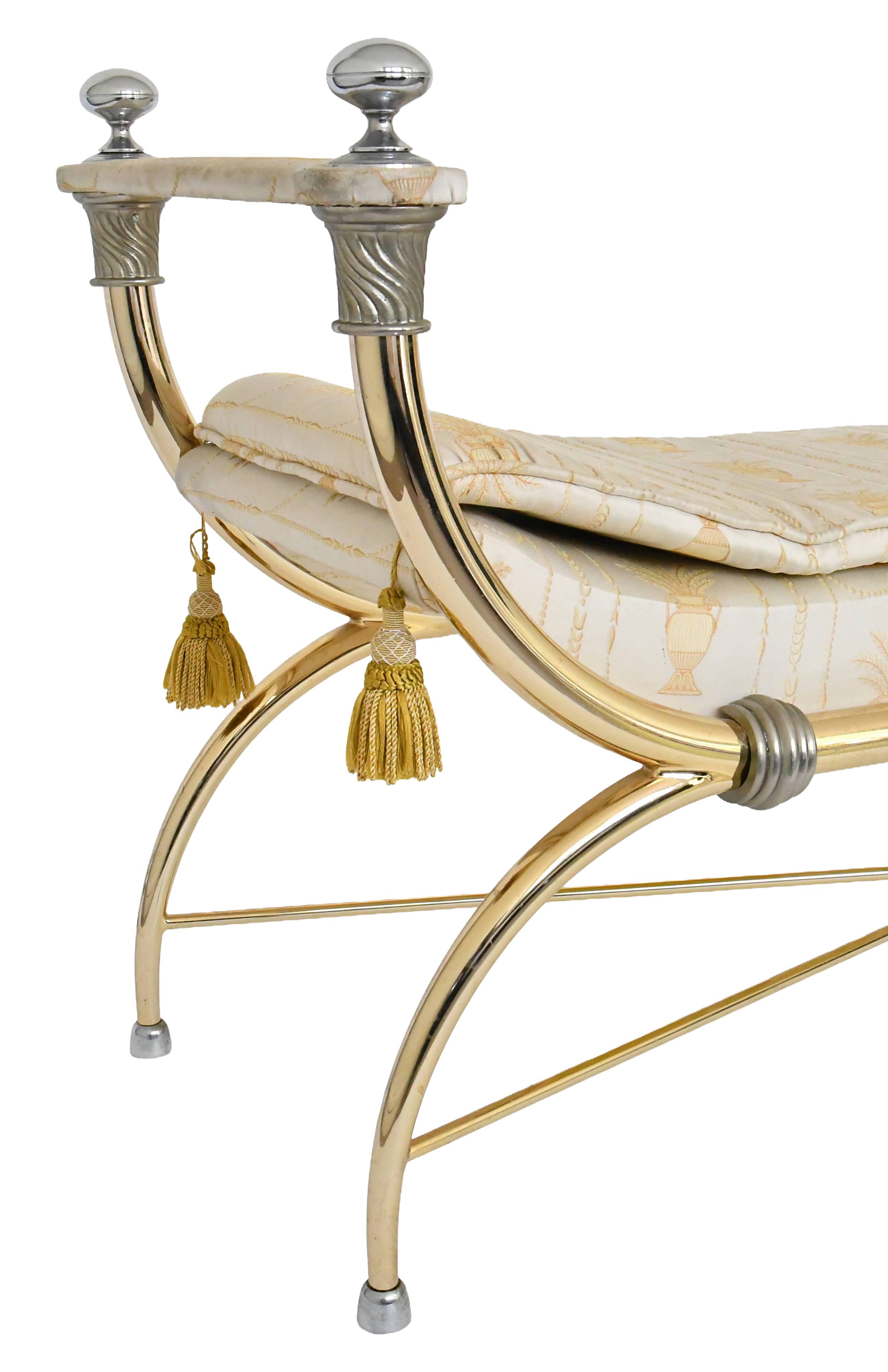 Bench in gilded brass and Empire-style fabric