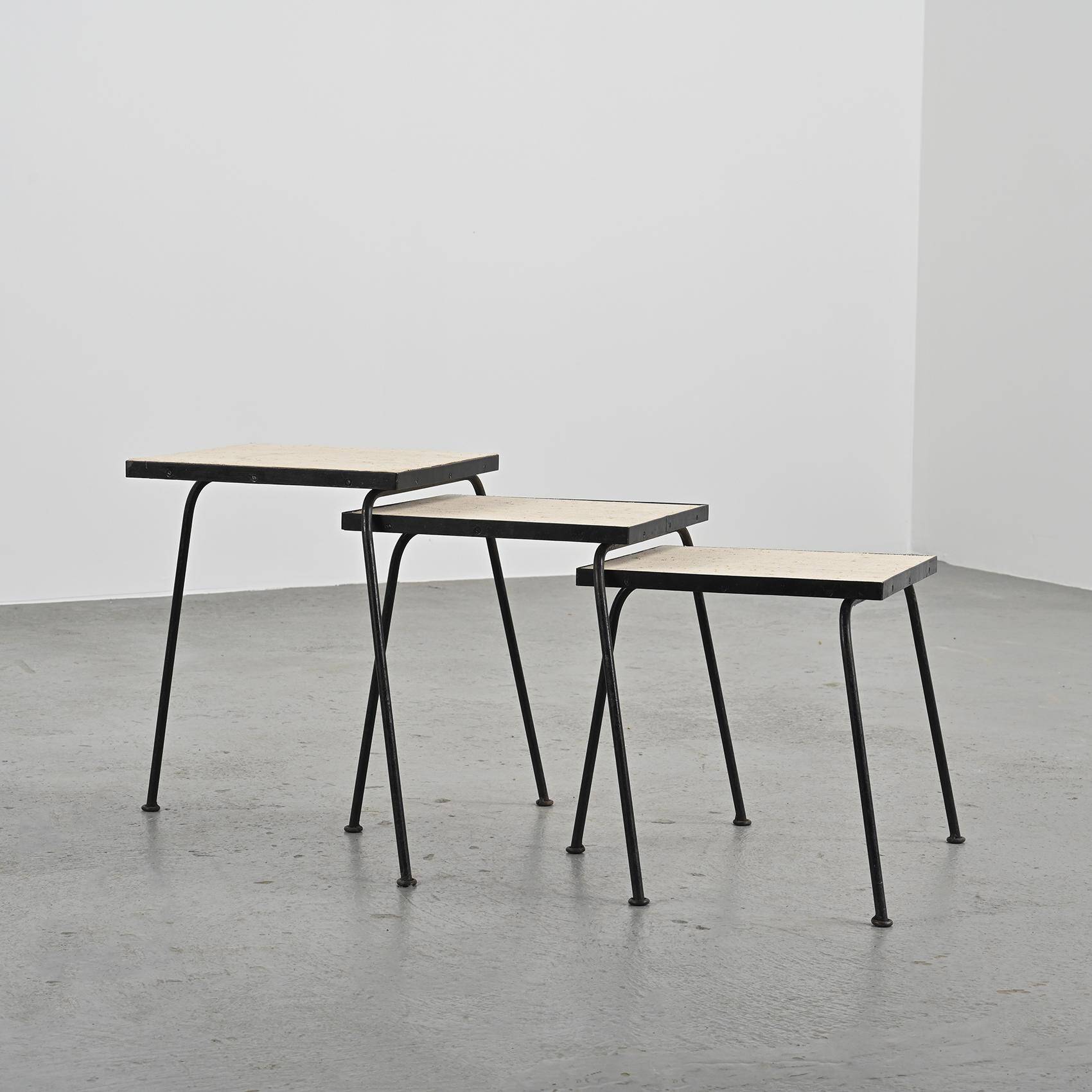 Set of 3 nesting tables in black lacquered metal, circa 1960