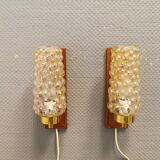 Pair of wall lamps, in teak, brass and bubble glass, Danish, from the 50-60s
