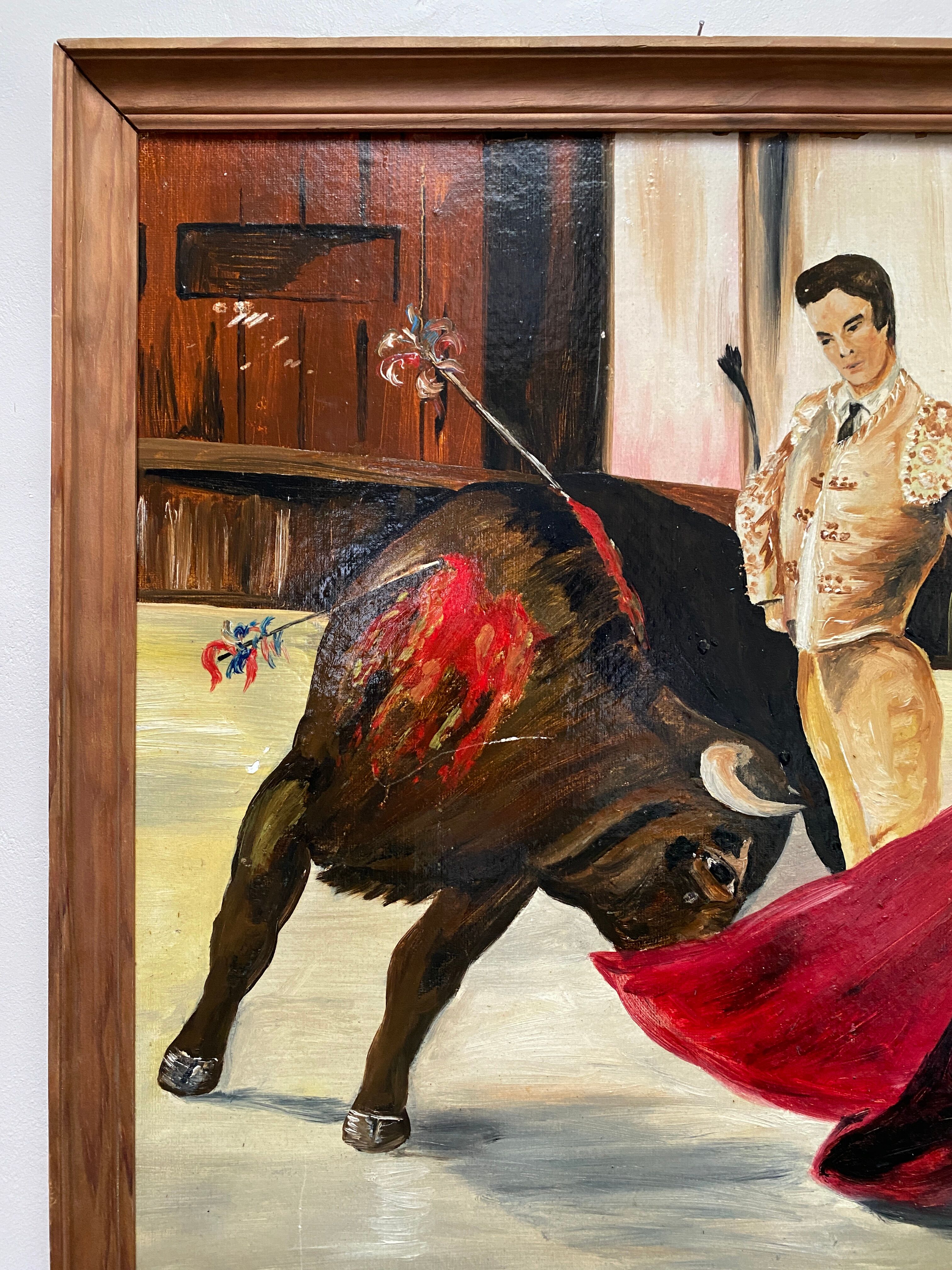 Oil on panel matador bullfighter and bull