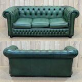 Chesterfield sofa in green leather 3 places from the 80s