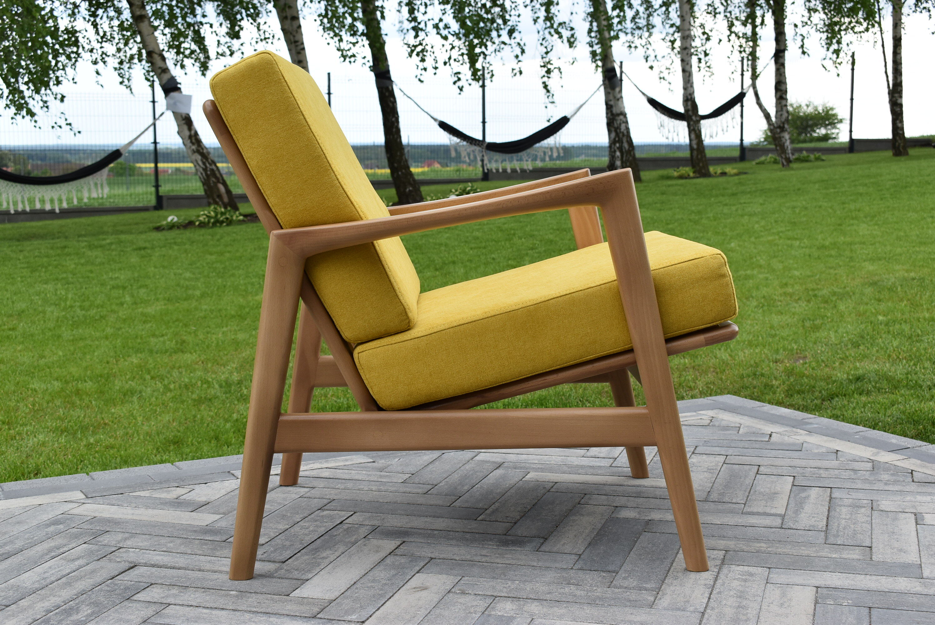 Scandinavian armchair, yellow fabric, natural wood