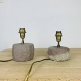 Pair of brutalist lamps in pink stoneware and wool lampshade, 1970
