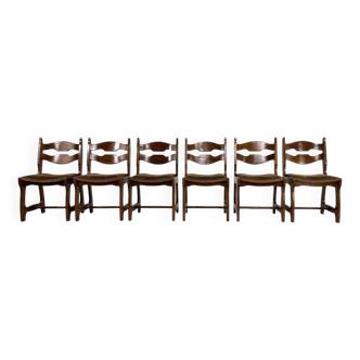 Set of 6 1950s oak and velvet chairs