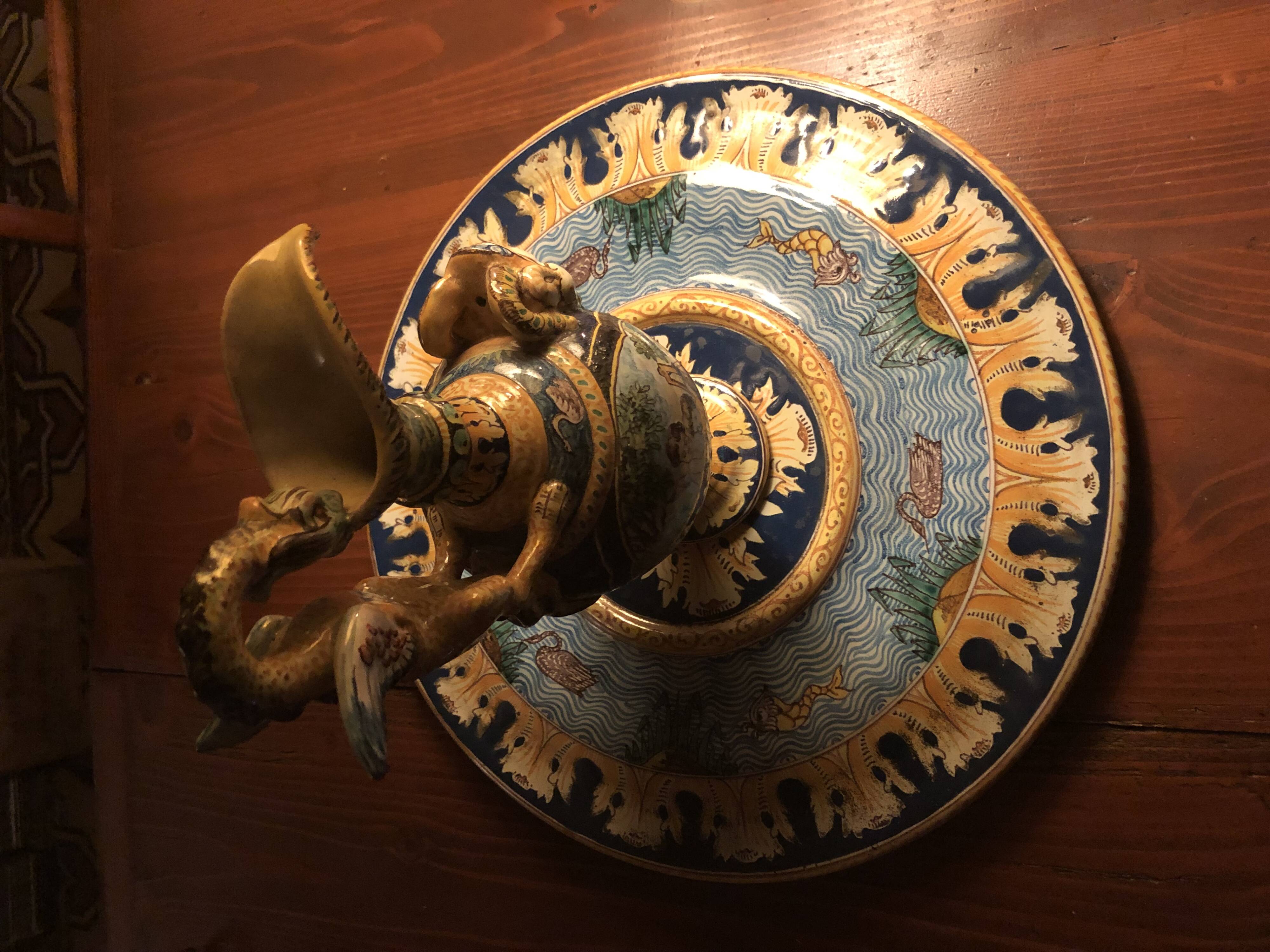 Ewer on base in Nevers earthenware Aintoine Montagnon max diameter 40 cm height 28cm