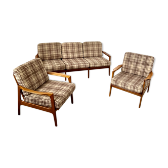 Lot armchairs and sofa 60 years Scandinavian design in vintage blond teak