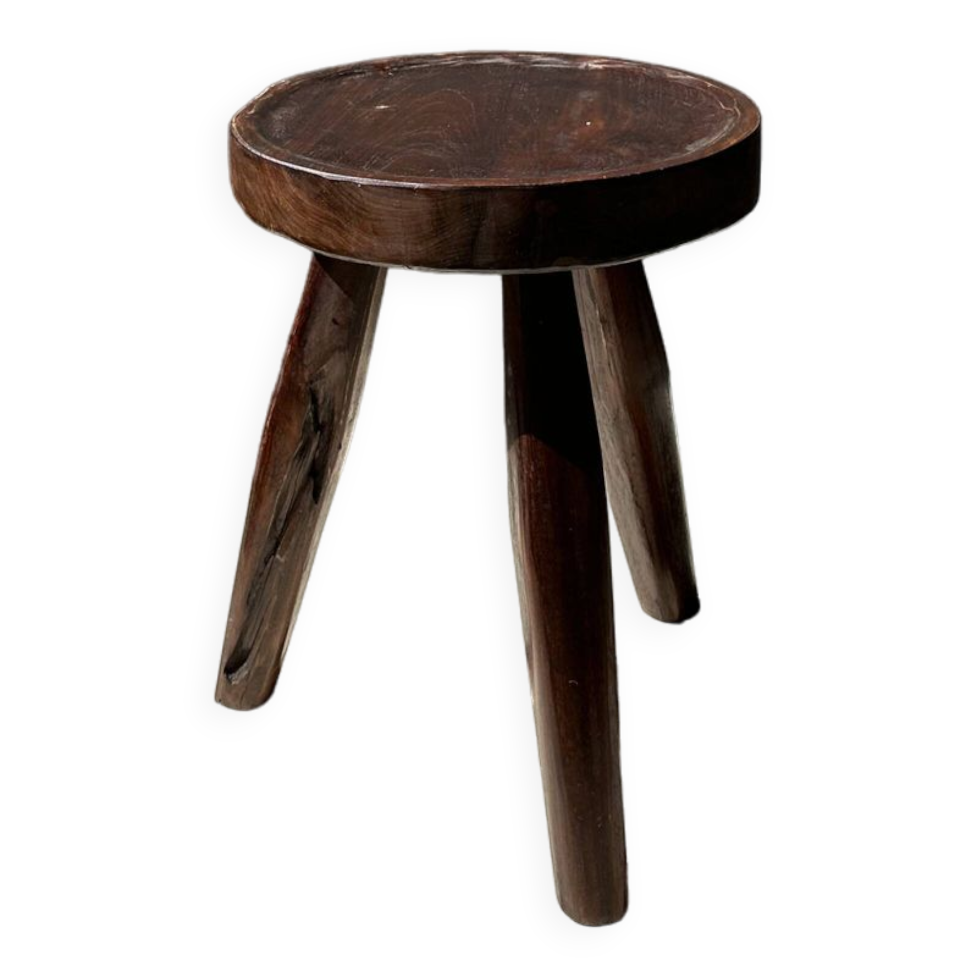 Tripod stool in upcycled teak high hollow - Small tripod stool in solid brown wood seat circ