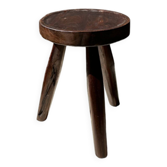 Tabouret tripode en teck upcyclé haut creux - Petit tabouret tripode en bois massif brun assise circ