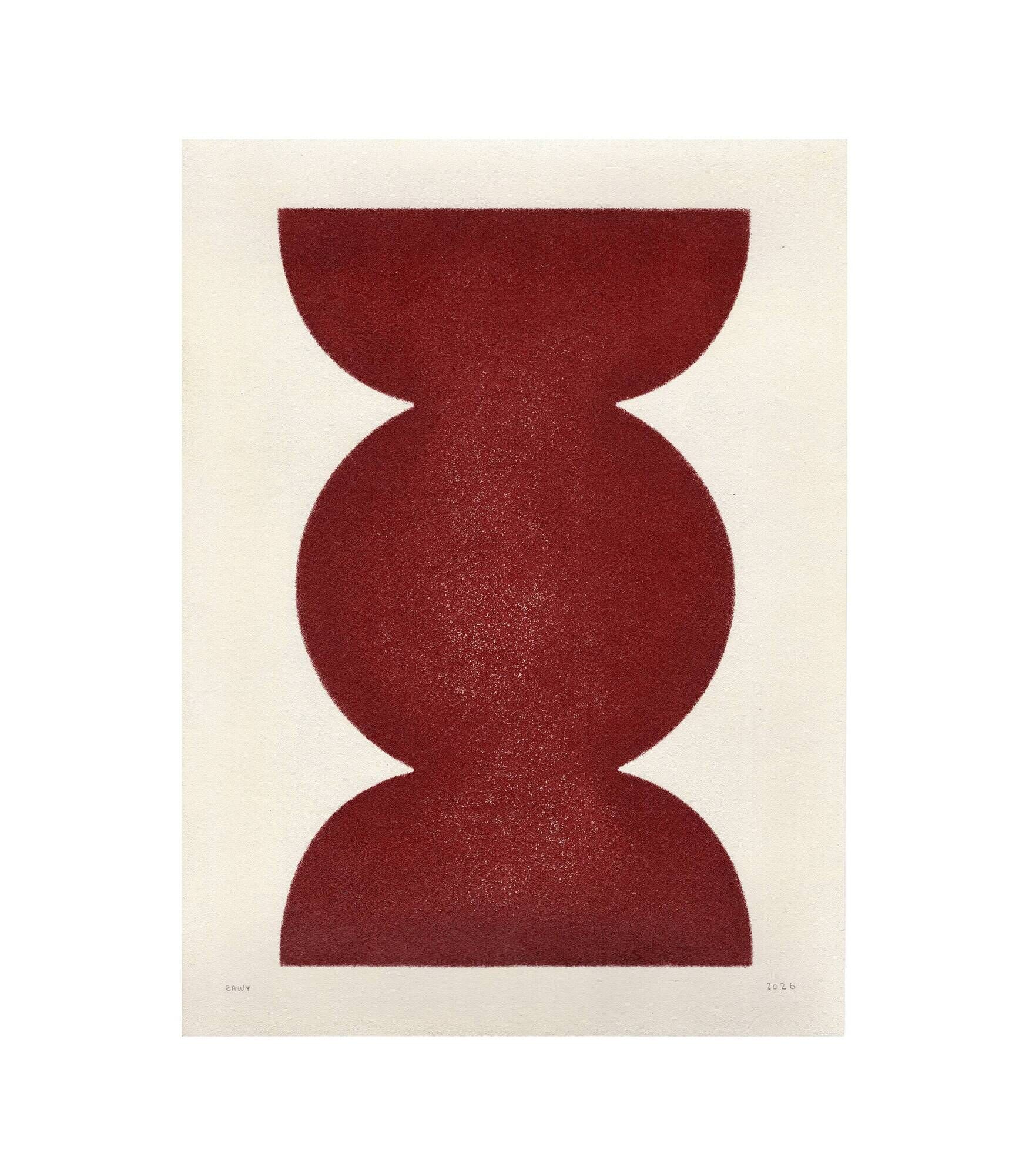 Duo of abstract paintings in burgundy on paper signed Eawy.