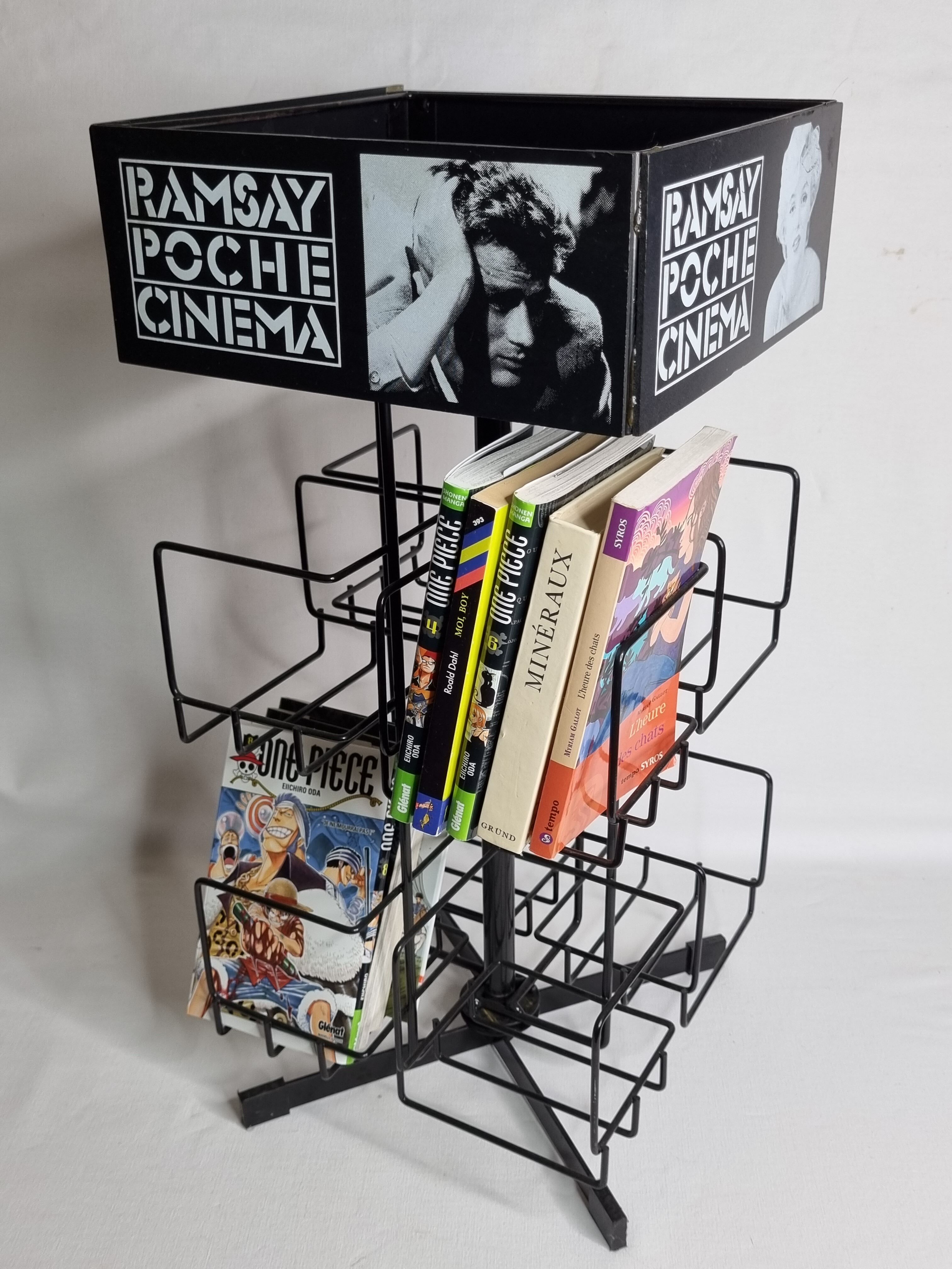 Vintage rotating bookcase for paperbacks in black lacquered metal, 58 cm