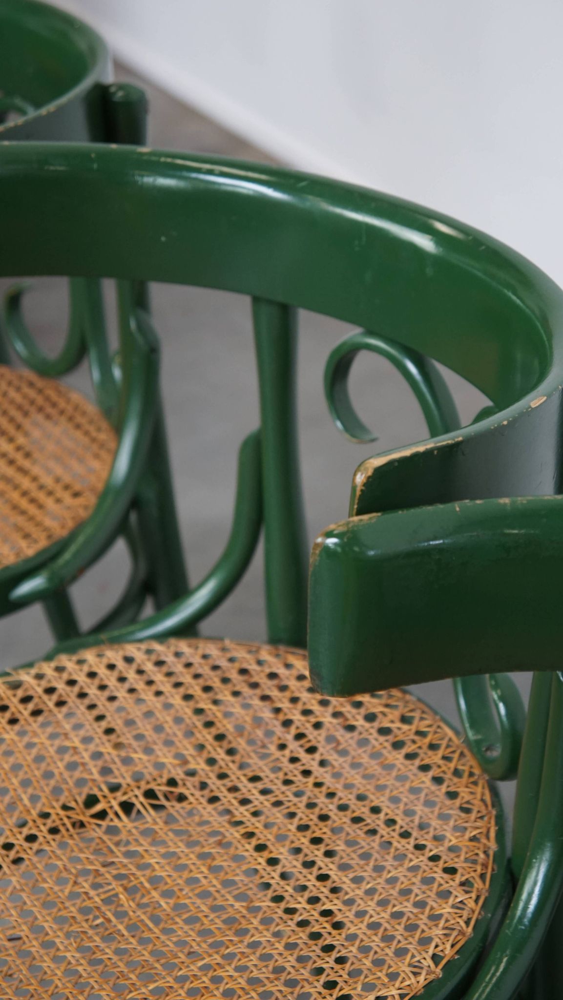Set of 4 Green Vintage Bistro Chairs with Woven Rattan Seats
