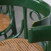 Set of 4 Green Vintage Bistro Chairs with Woven Rattan Seats