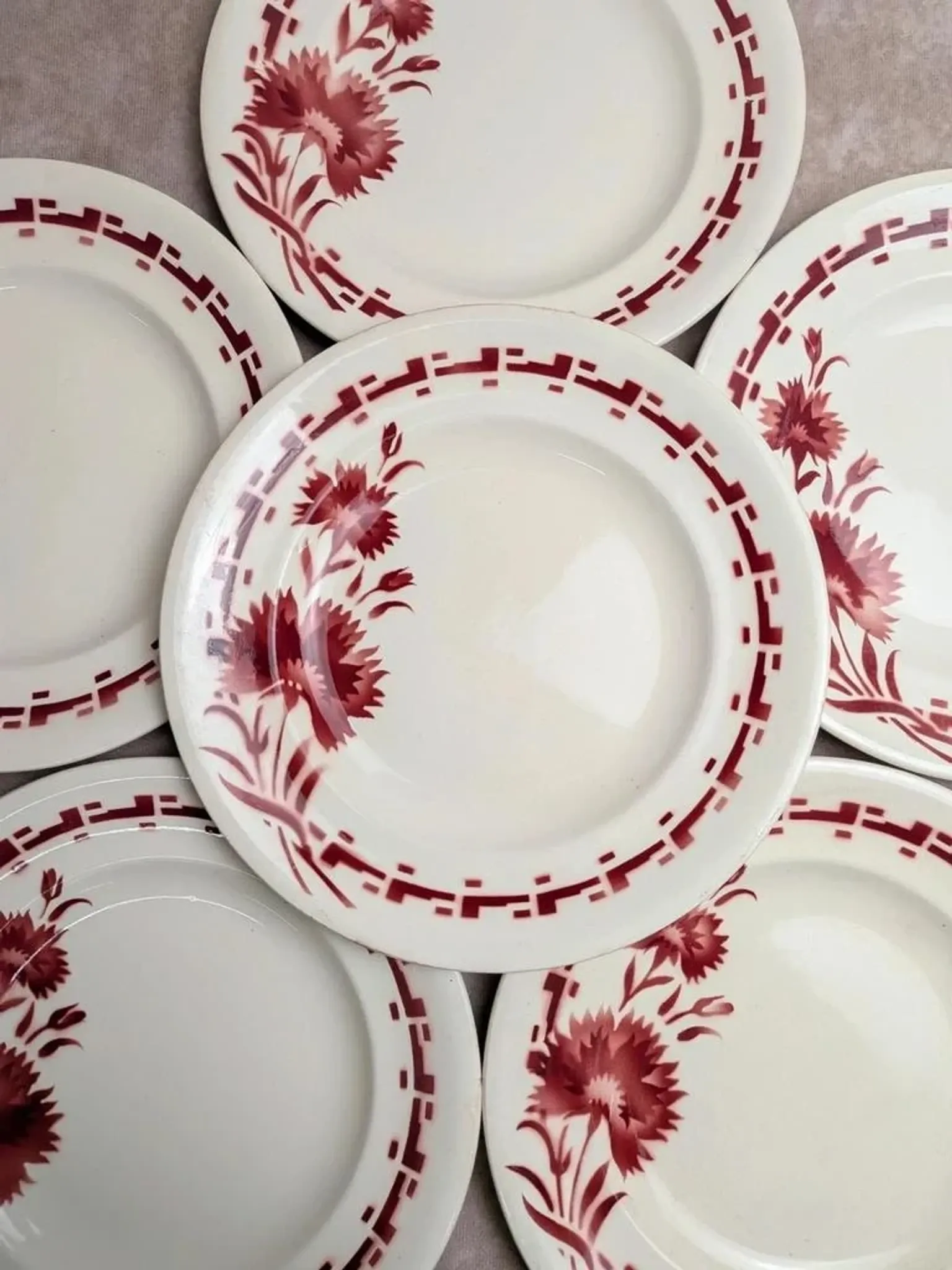 Set of 6 flat plates in ironstone Longwy – Viennese model – Red flowers