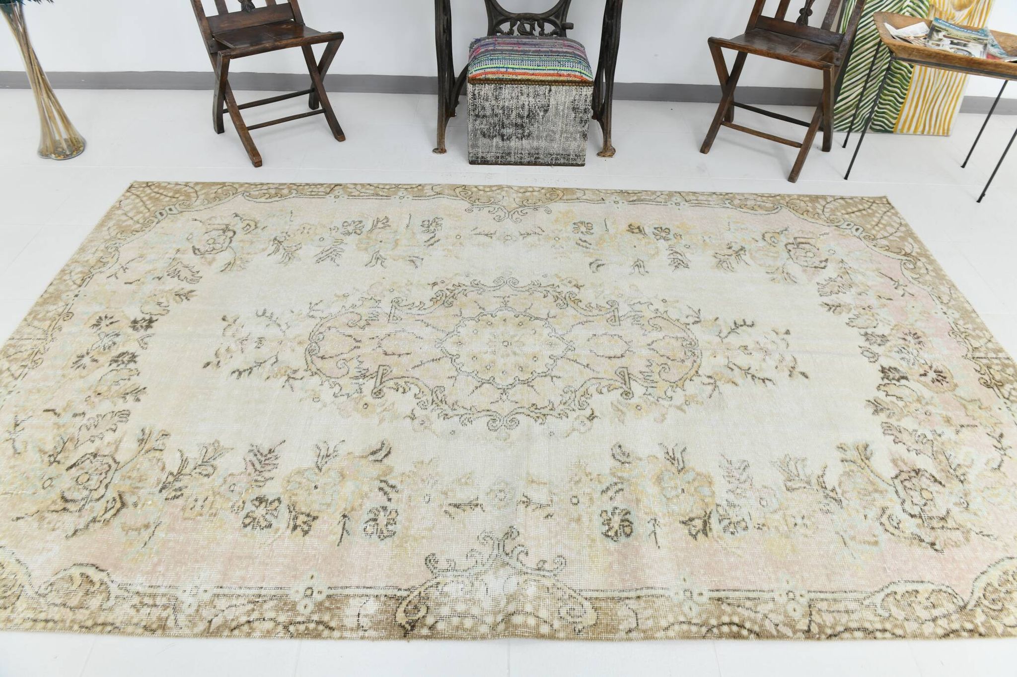 291x172 Vintage Turkish Rug, Pastel Pink Green Brown Rug, Turkish Carpet
