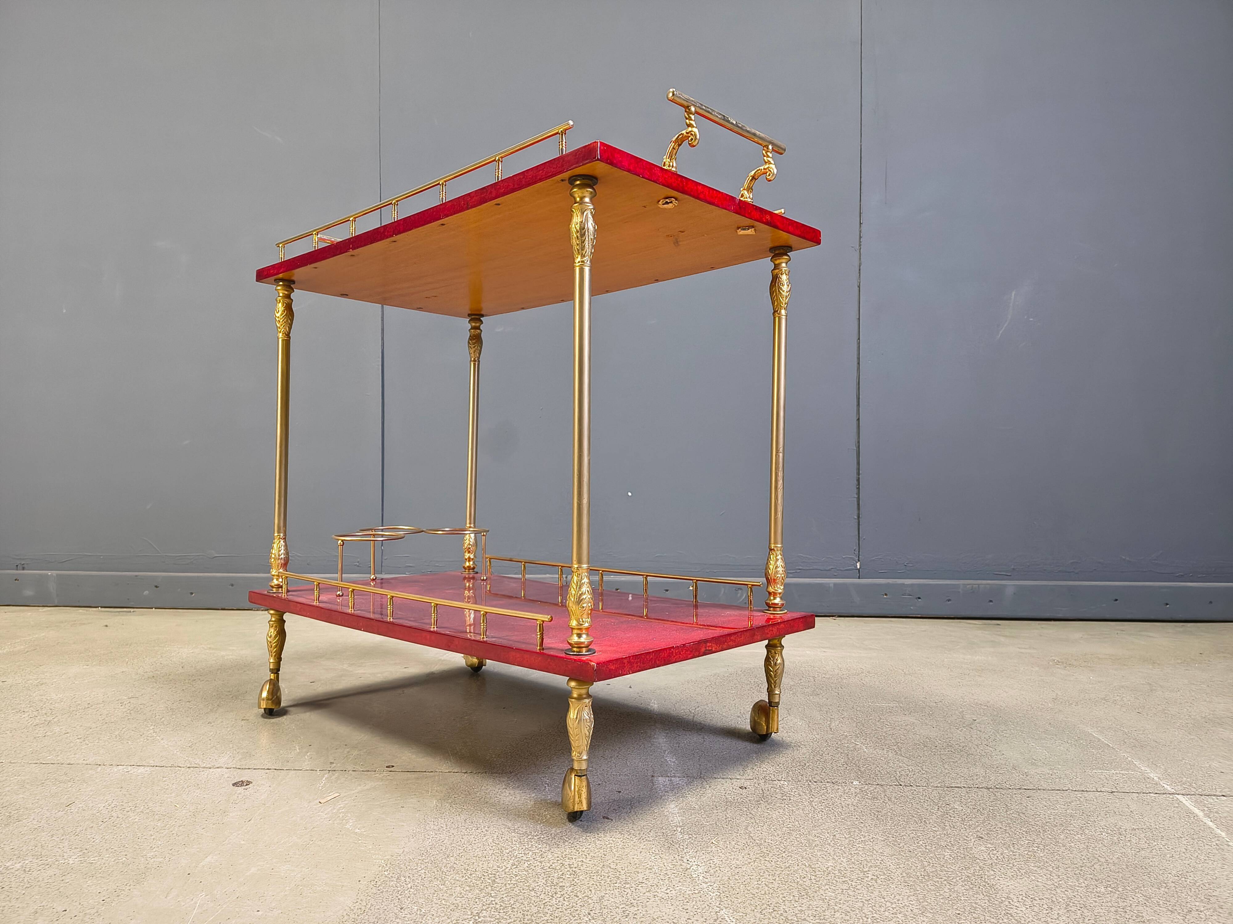 Rare Italian lacquered goatskin / parchment serving bar cart by Aldo Tura, 1960s