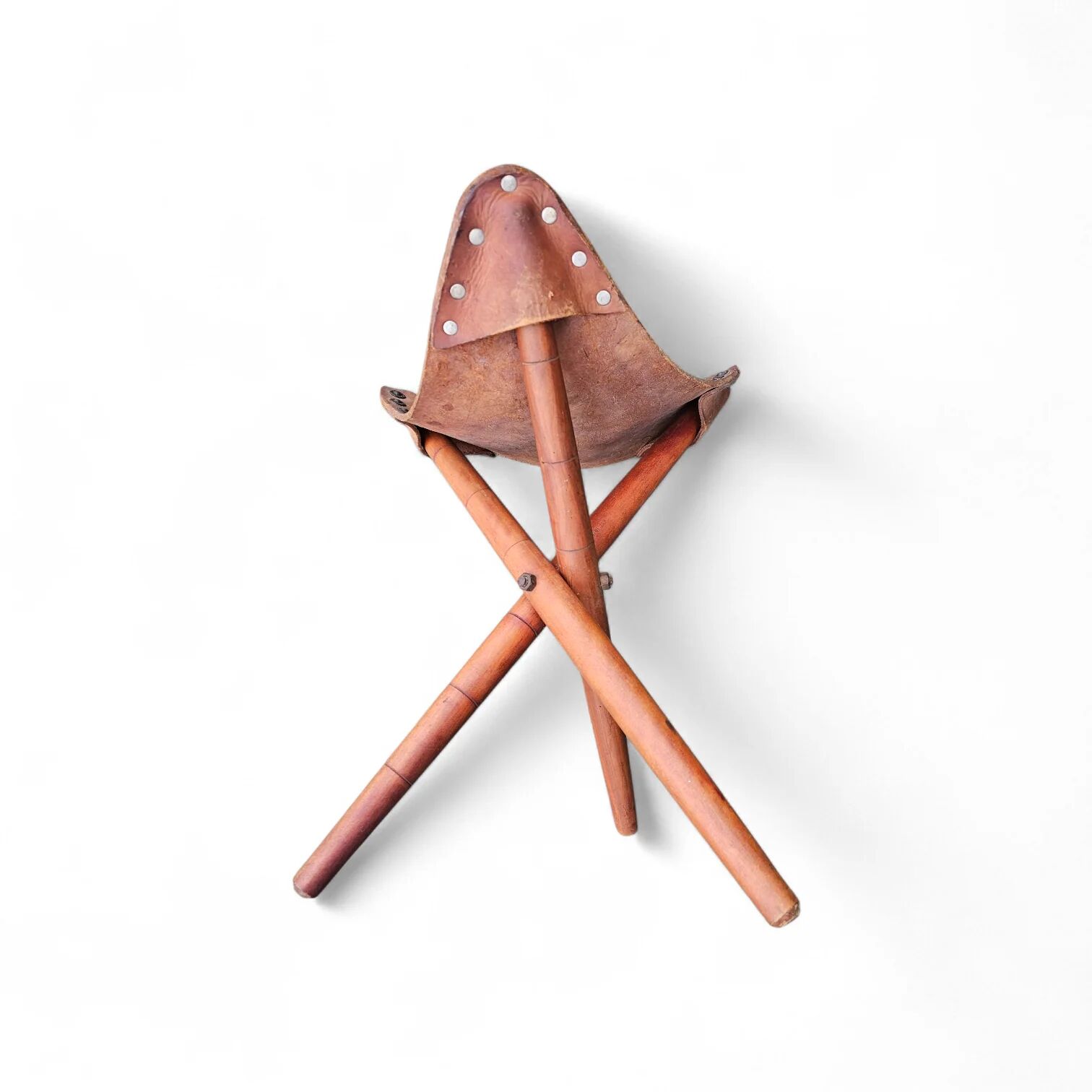 2 x matching vintage tooled leather tripod chair / camp chair