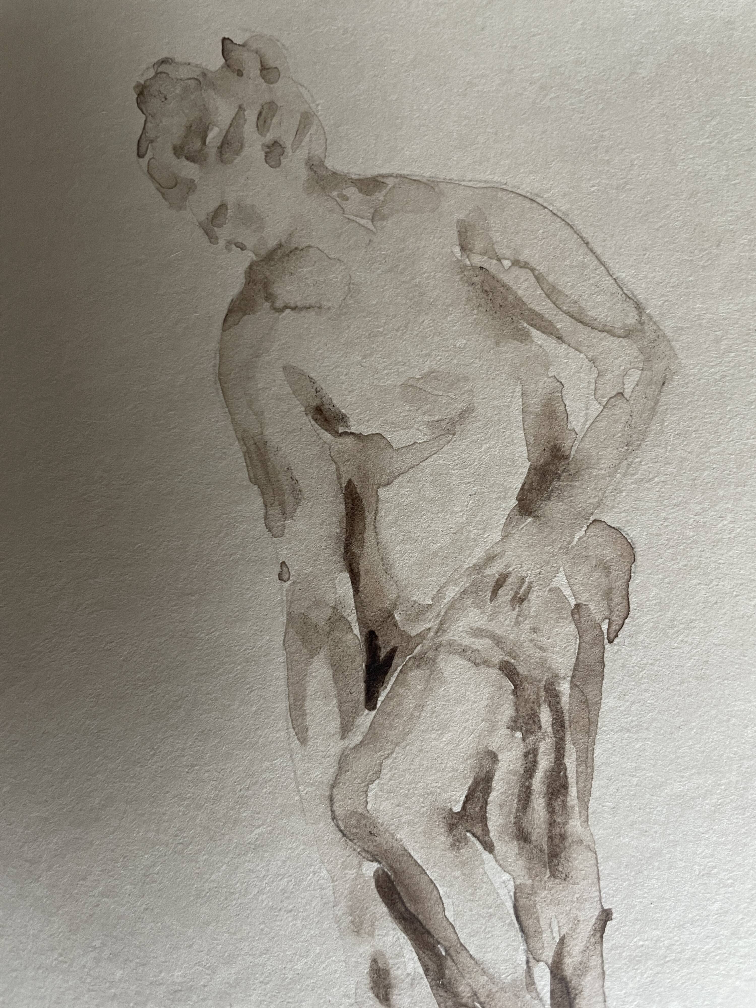 Tableau signé aquarelle monochrome étude dessin statue musée classique « sortie du bain »