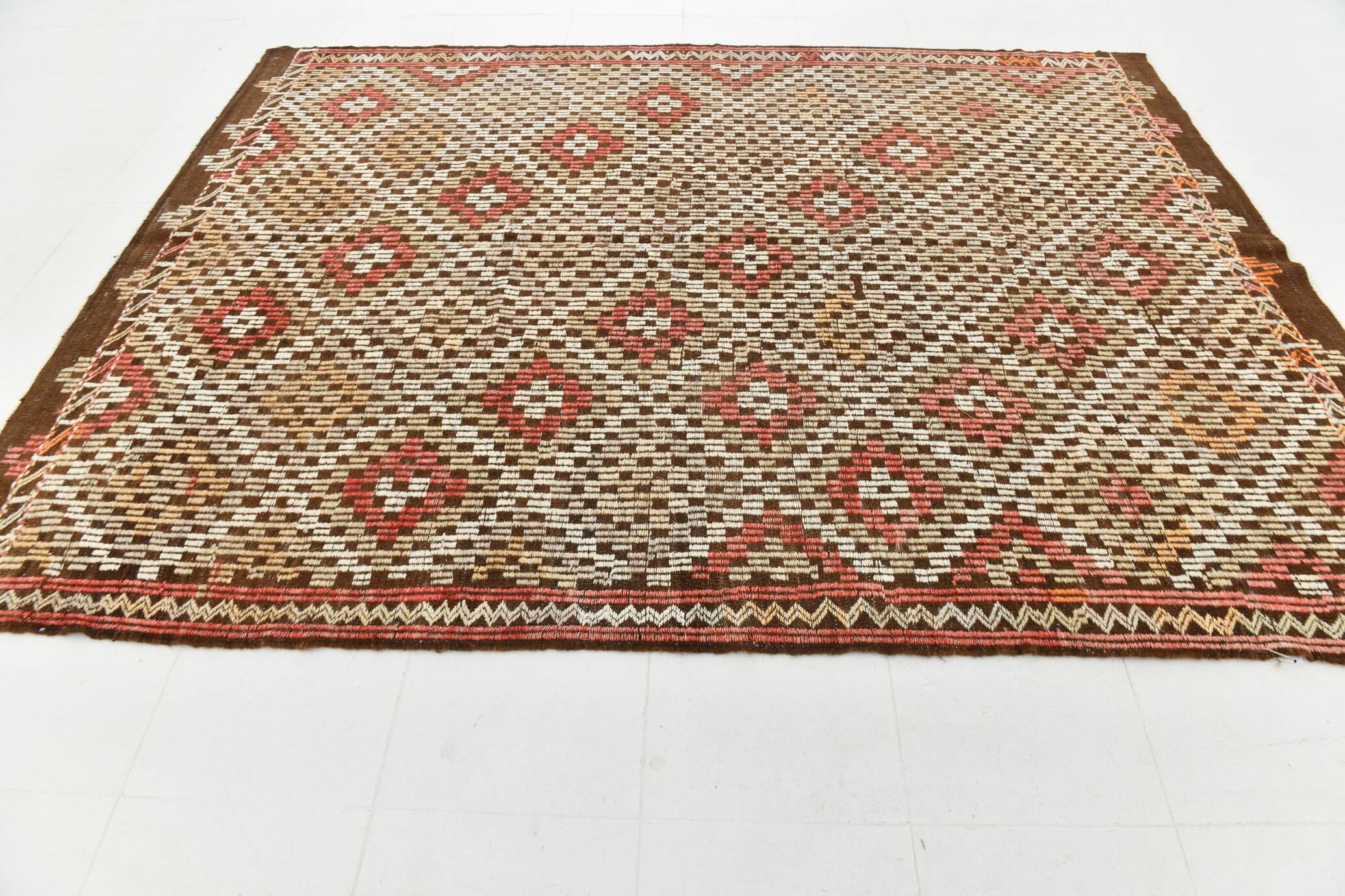 Green & Red Details Vintage Kilim Rug, Oushak Area Rug, 233x300Cm