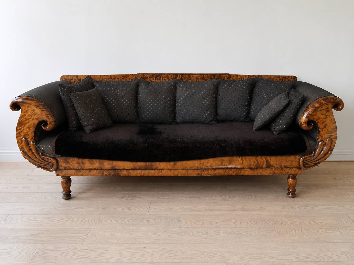 Large Biedermeier sofa for 3/4 people in striped Norwegian wood – 19th century