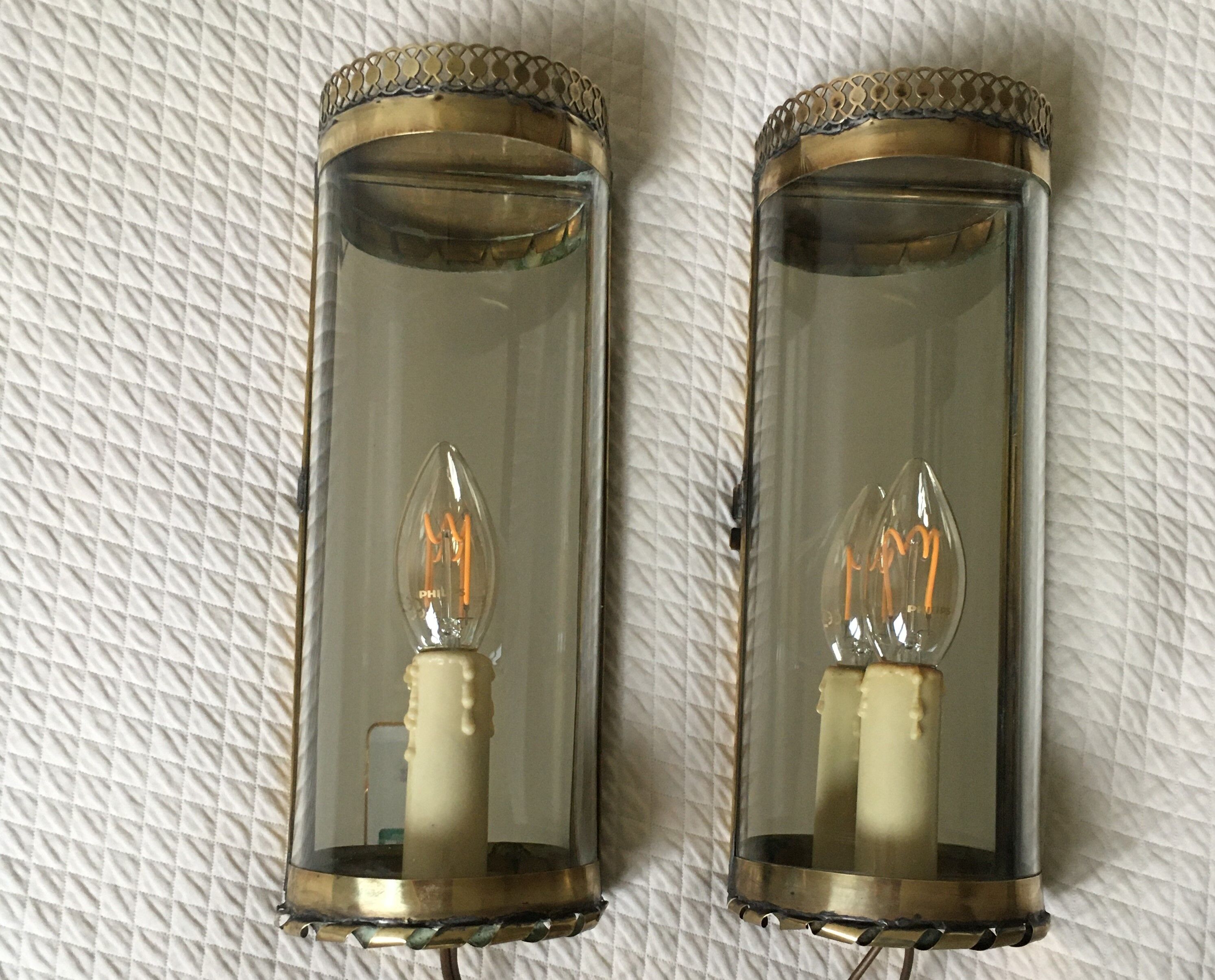 Pair of old brass and glass wall light