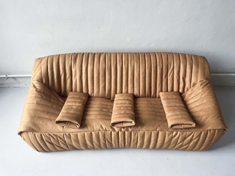 Camel leather 3-seater sofa attributed to Annie Hieronimus for Cinna Ligne Roset, 1973
