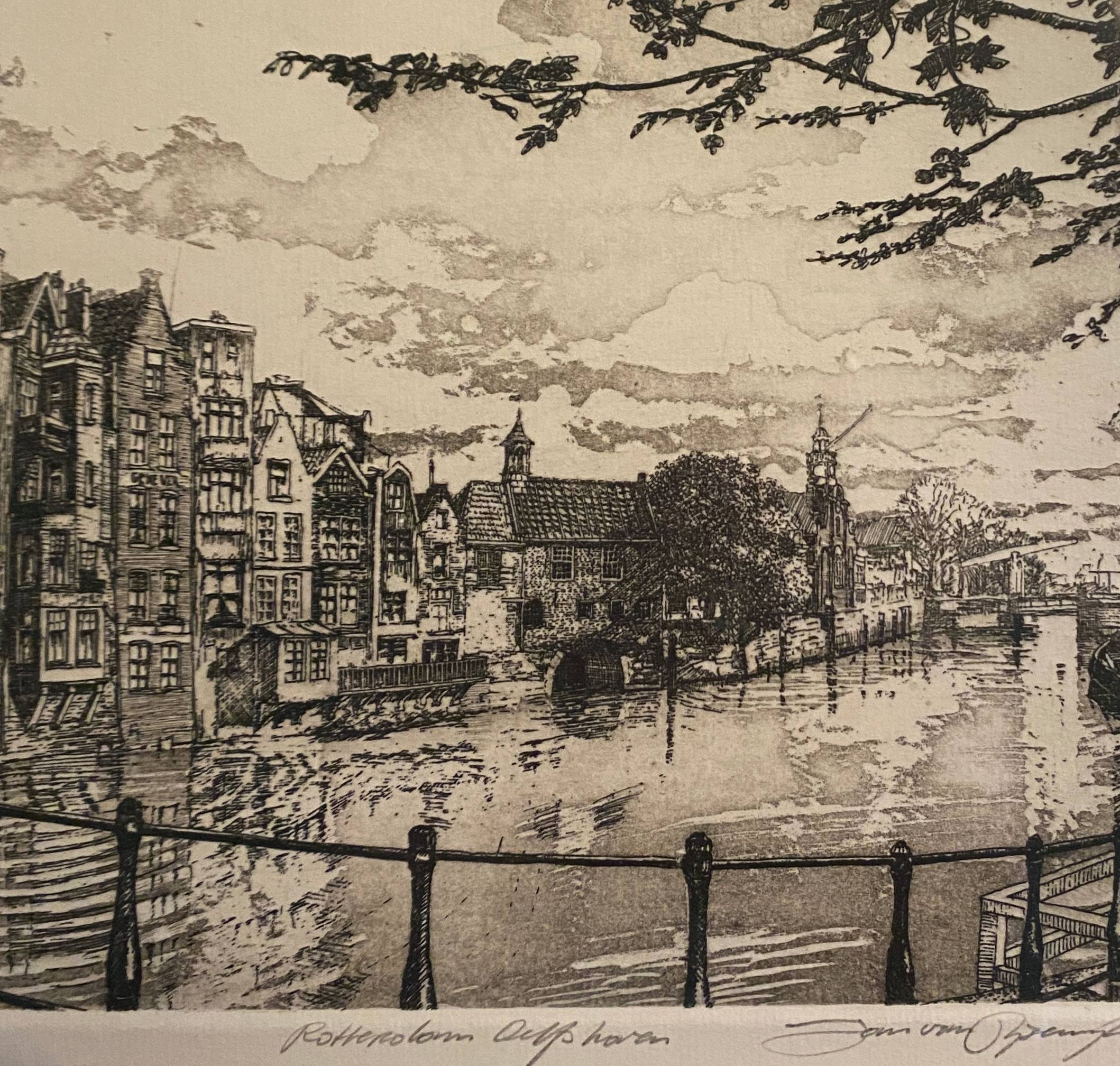 Engraving Rotterdam Delfshaven canal signed 28/250 + frame