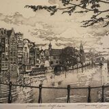Engraving Rotterdam Delfshaven canal signed 28/250 + frame