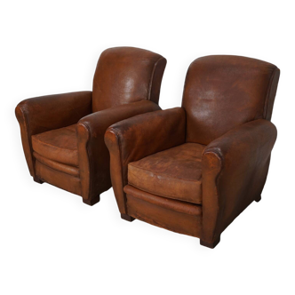 Paire de fauteuils club vintage en cuir cognac français, lot de 2
