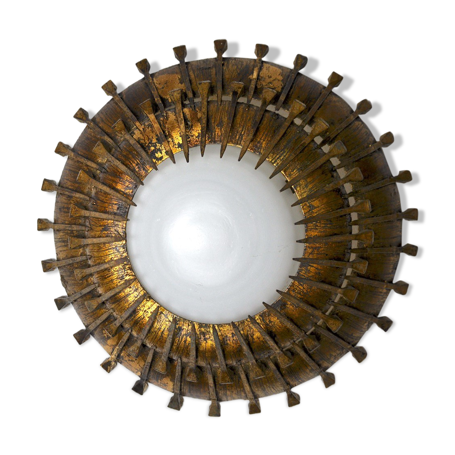 Midcentury brutalist sun wall lamp, metal and gold leaf, Italy