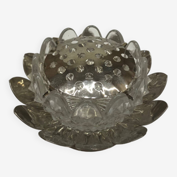 Lotus flower spade vase, silver metal and pressed molded glass