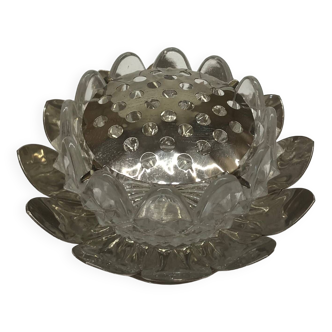 Lotus flower spade vase, silver metal and pressed molded glass