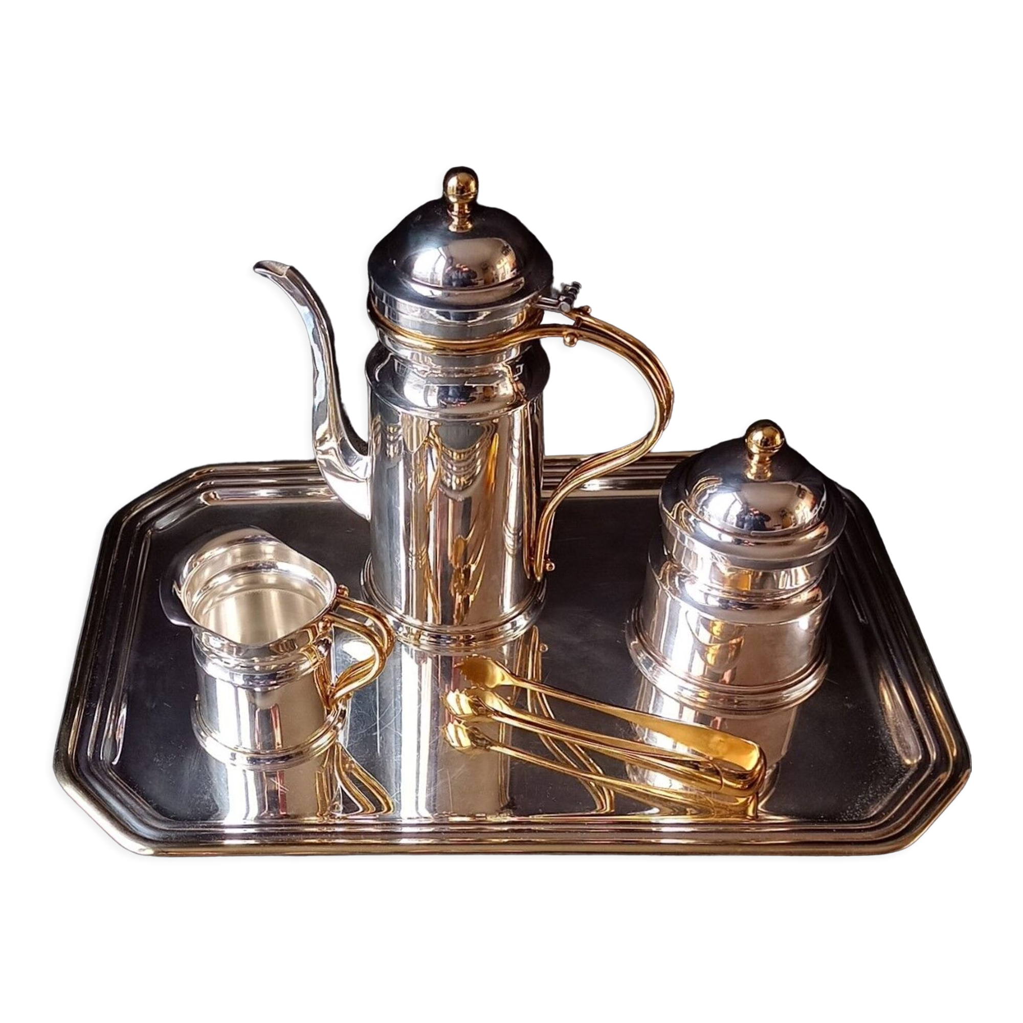 Coffee service (tray, coffee maker, creamer, sugar bowl, sugar tongs) Orfevrerie Vuillermet