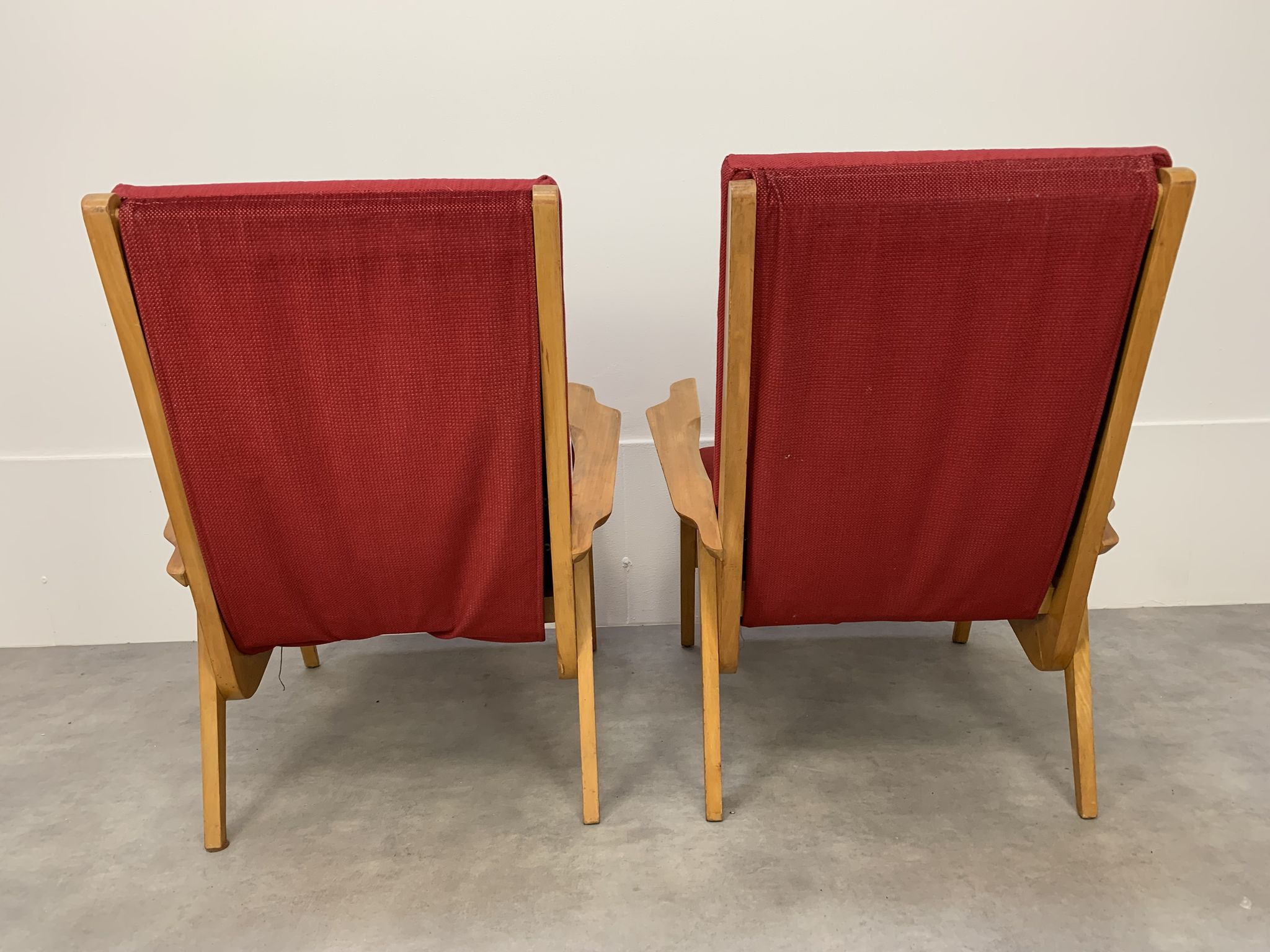 Pair of 50s vintage boomerang armchairs velvet and wood