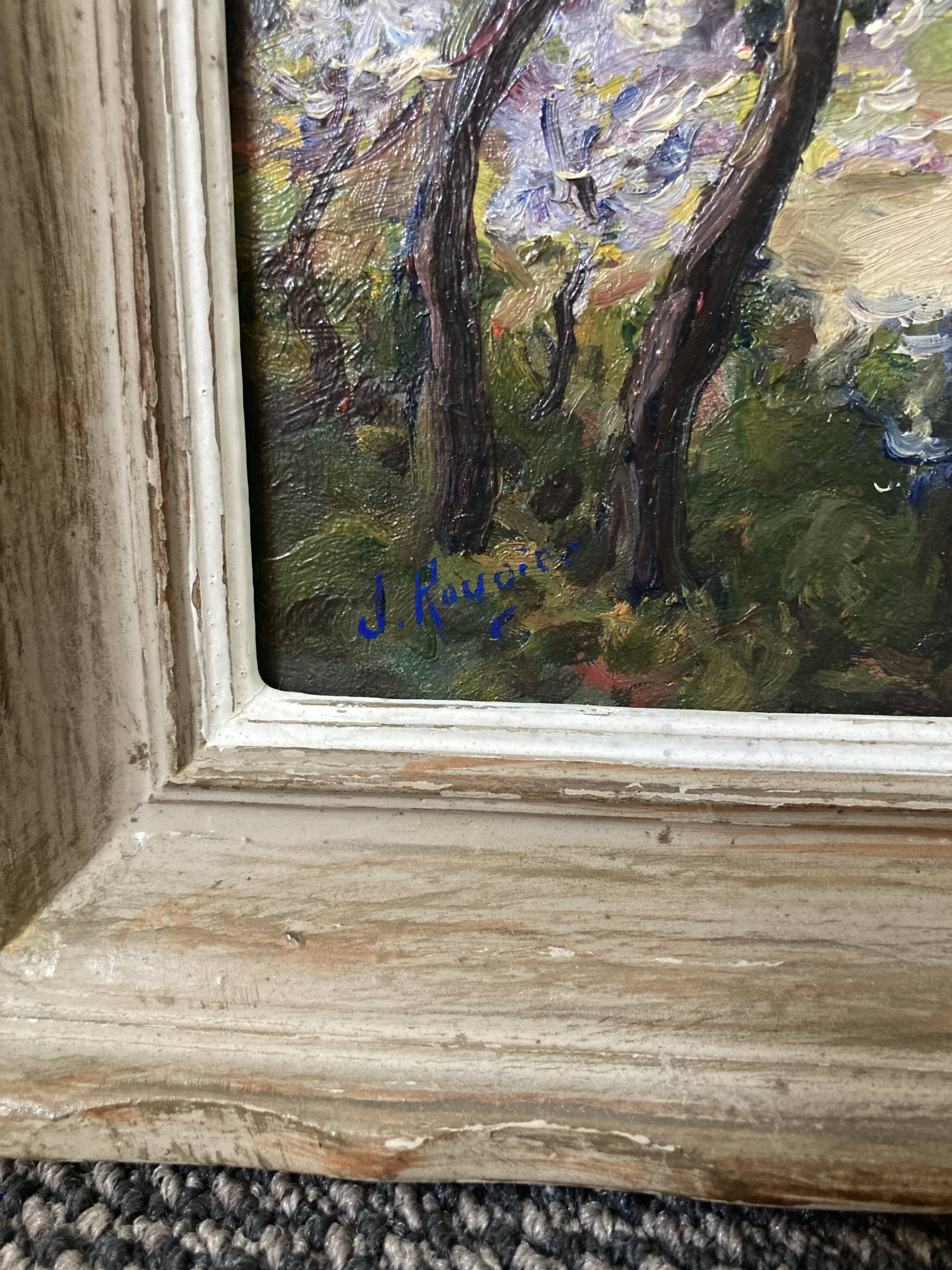 Southern landscape at the bastide painted in oil on hardboard. Signed Rouvier?