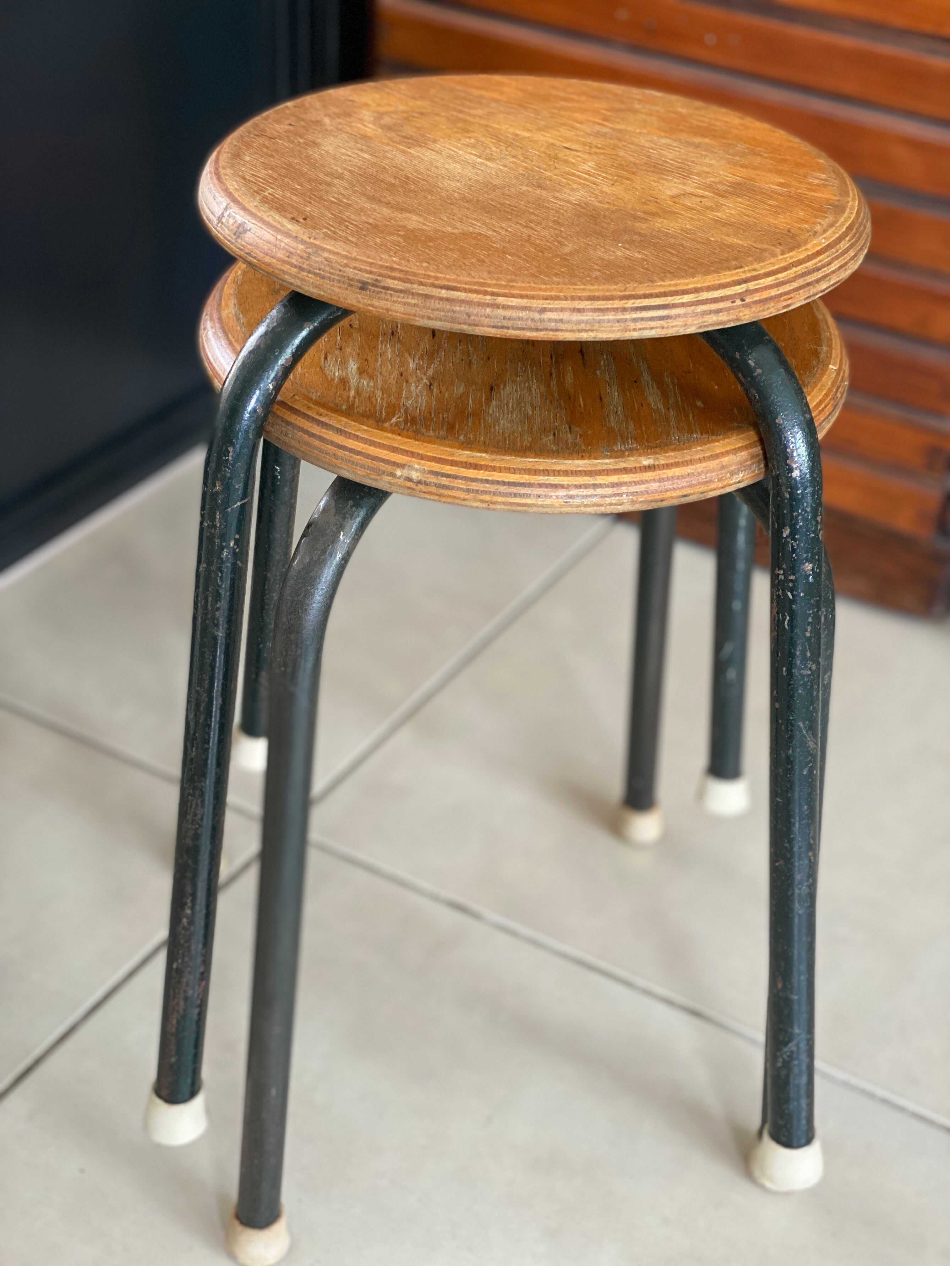 Pair of metal and wood workshop stools
