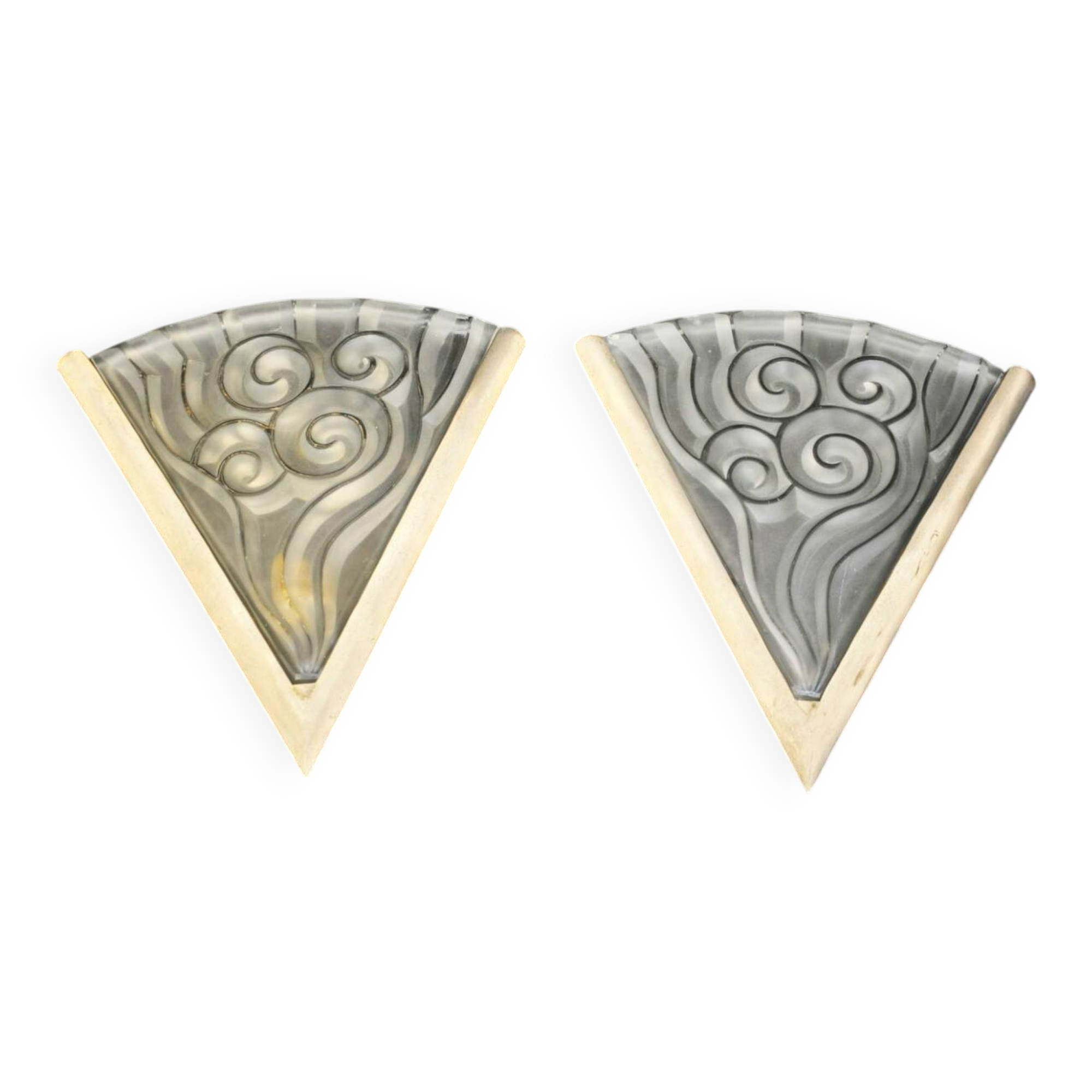 Pair of angular art deco wall sconces with silver metal frames