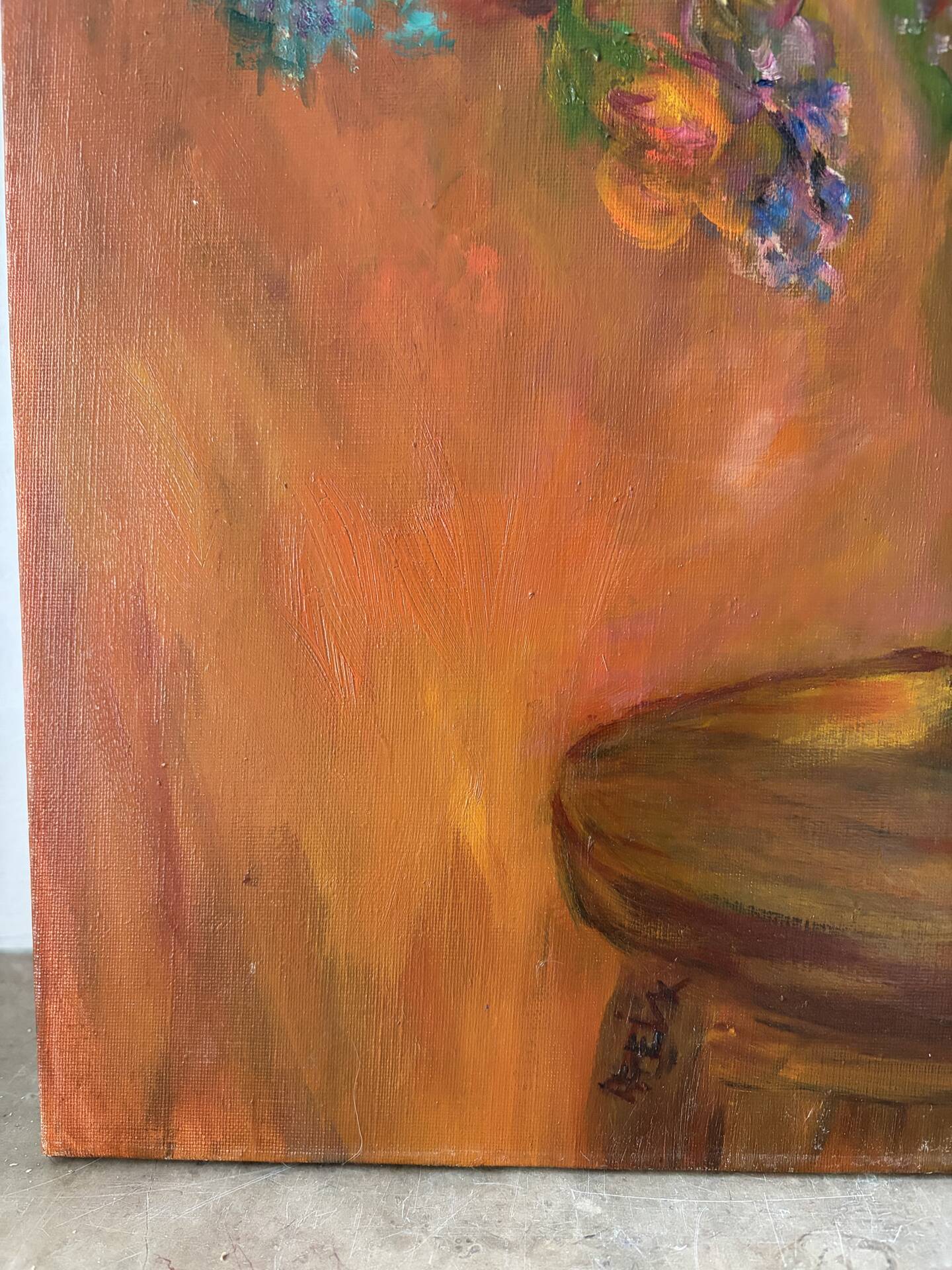 oil on canvas "Bouquet on orange background", signed